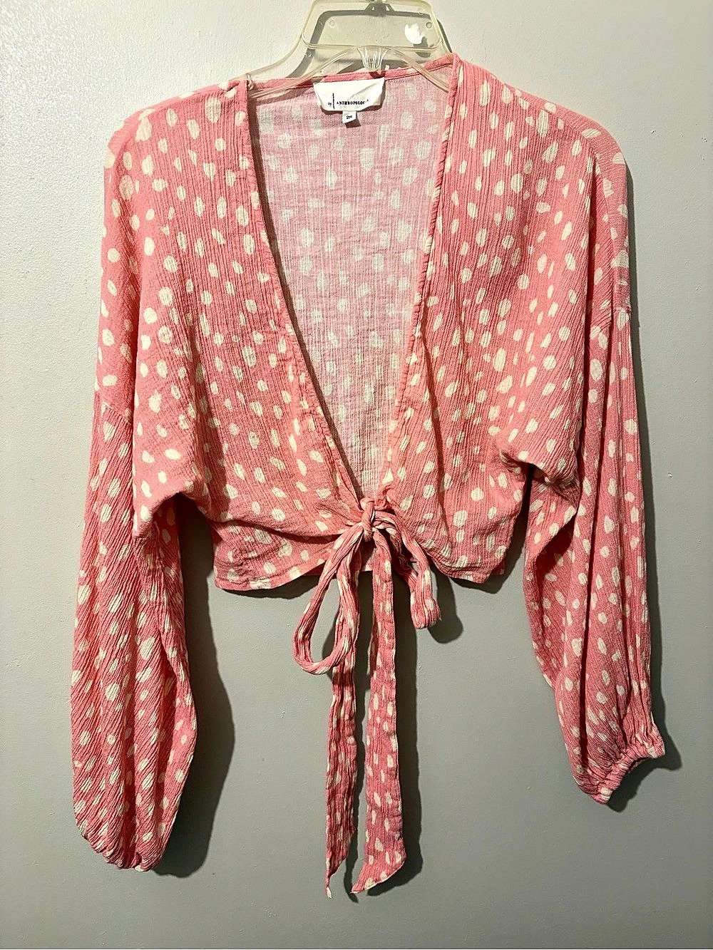 Anthropologie Polka Dot Tie-Front Crop Top in Pink & White One Size 100% cotton